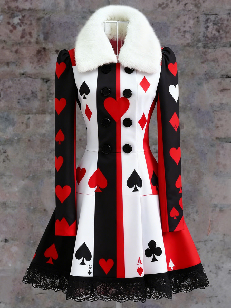 Retro Poker Art Print Vintage Elegance Fur Collar Button Up Long Sleeve Midi Dress